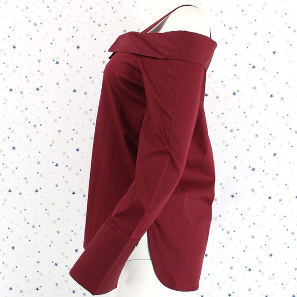 Burgundy Strap Off the Shoulder Button Up Shirt Top - Picture 6 of 8